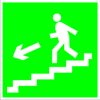 E14 направление к эвакуационному выходу по лестнице вниз (левосторонний) (пластик, 200х200 мм) - Знаки безопасности - Эвакуационные знаки - vektorb.ru